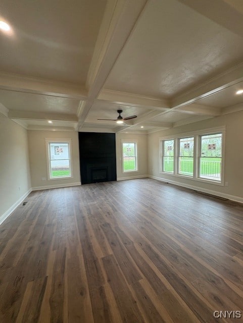 3515 Tall Tree Ln, Lysander, NY 13027 - unfurnished living room with coffered ceiling, a wealth of natural light, and baseboards