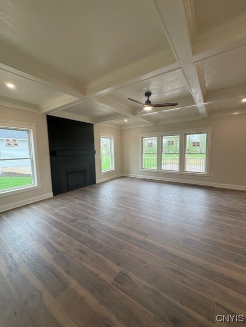 3515 Tall Tree Ln, Lysander, NY 13027 - unfurnished living room featuring baseboards, dark wood-style flooring, a large fireplace, and coffered ceiling