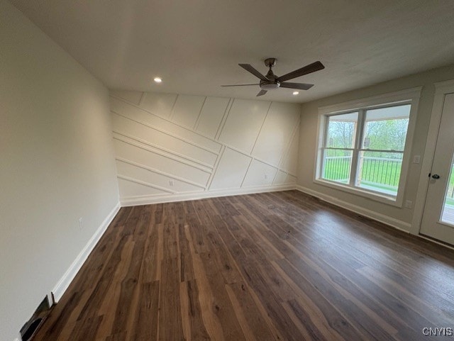 3515 Tall Tree Ln, Lysander, NY 13027 - empty room featuring ceiling fan, recessed lighting, baseboards, and dark wood finished floors