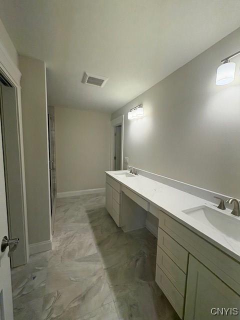 3515 Tall Tree Ln, Lysander, NY 13027 - full bath featuring a sink, double vanity, a stall shower, and marble finish floor