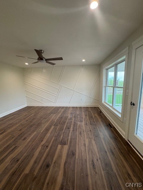 3515 Tall Tree Ln, Lysander, NY 13027 - unfurnished room with baseboards, ceiling fan, recessed lighting, and dark wood-type flooring