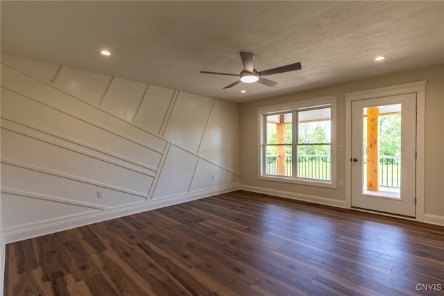 3515 Tall Tree Ln, Lysander, NY 13027 - unfurnished room with dark wood finished floors, ceiling fan, baseboards, and recessed lighting