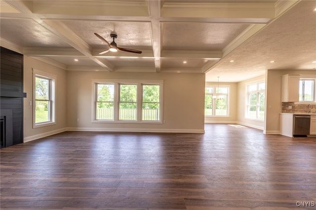 3515 Tall Tree Ln, Lysander, NY 13027 - unfurnished living room featuring dark wood-style floors, a fireplace, a ceiling fan, coffered ceiling, and baseboards