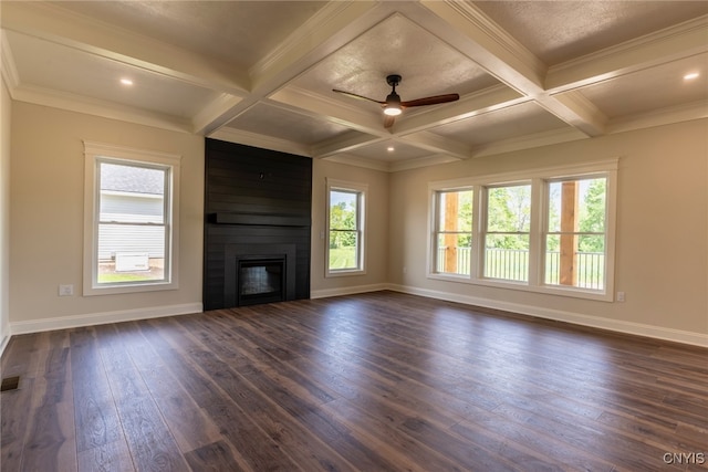 3515 Tall Tree Ln, Lysander, NY 13027 - unfurnished living room featuring dark wood-style flooring, a large fireplace, beamed ceiling, baseboards, and coffered ceiling