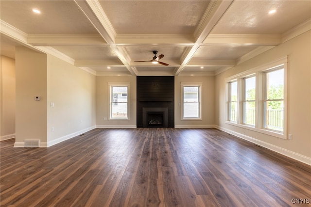 3515 Tall Tree Ln, Lysander, NY 13027 - unfurnished living room featuring healthy amount of natural light, dark wood-style flooring, a ceiling fan, baseboards, and beam ceiling
