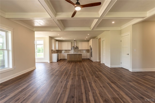 3515 Tall Tree Ln, Lysander, NY 13027 - unfurnished living room featuring dark wood finished floors, coffered ceiling, a ceiling fan, baseboards, and crown molding
