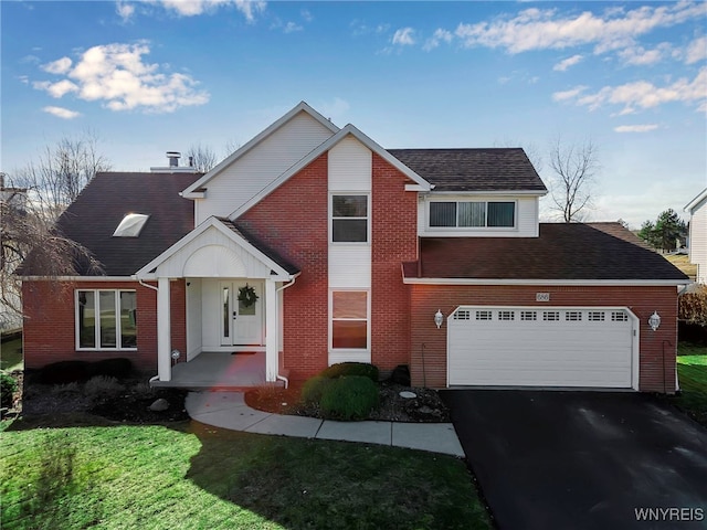 traditional home featuring brick siding, driveway, a shingled roof, and an attached garage
