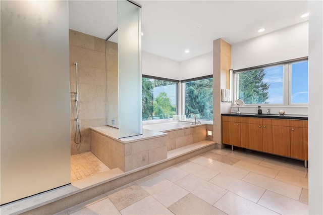 10289-10288 Whispering Wind Trl, Corning, NY 14830 - full bath featuring a bath, walk in shower, vanity, recessed lighting, and tile patterned floors
