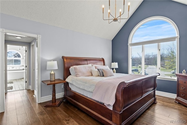 4369 Autumn Ln, Lewiston, NY 14092 - bedroom featuring a notable chandelier, high vaulted ceiling, hardwood / wood-style flooring, a textured ceiling, and baseboards