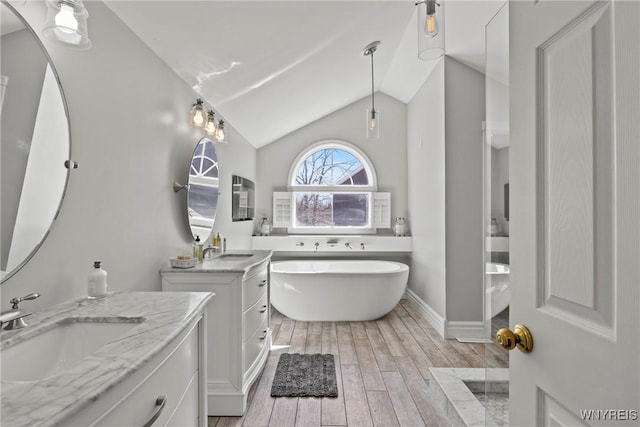 4369 Autumn Ln, Lewiston, NY 14092 - full bath with a freestanding tub, a sink, vaulted ceiling, and wood finished floors