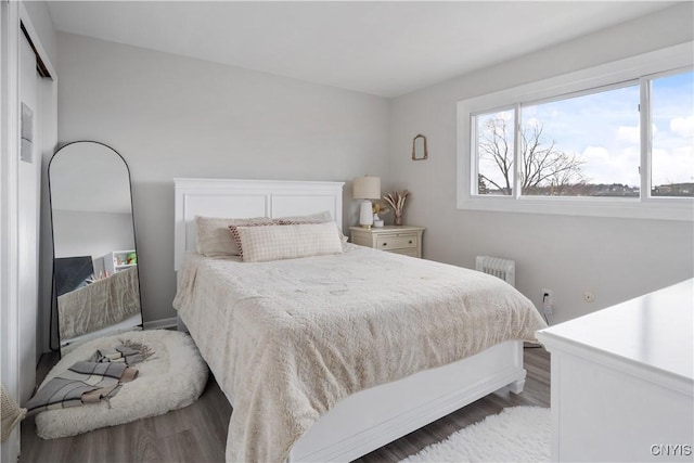 bedroom with wood finished floors and radiator