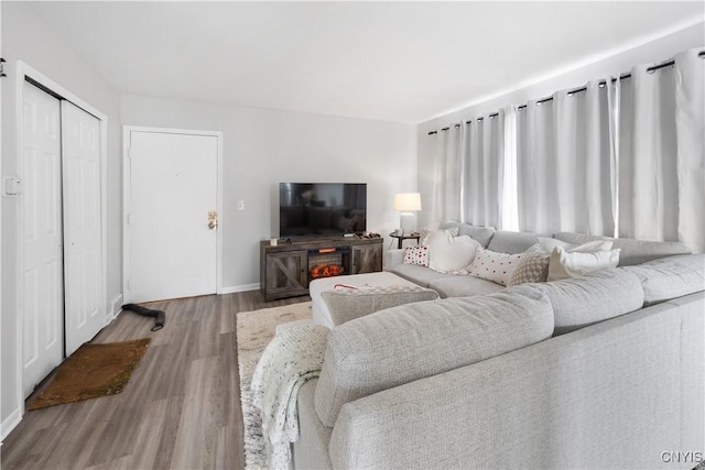 living area featuring baseboards and wood finished floors