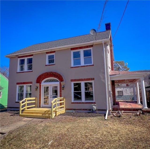 1230 Lake St, Elmira-City, NY 14901 - view of front of property with a chimney, roof with shingles, stucco siding, french doors, and a porch