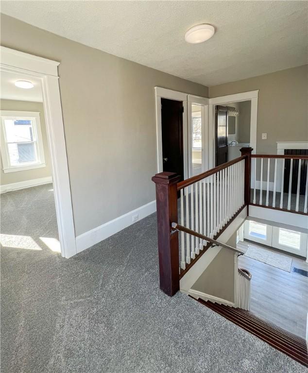 1230 Lake St, Elmira-City, NY 14901 - stairs with baseboards, a textured ceiling, and carpet