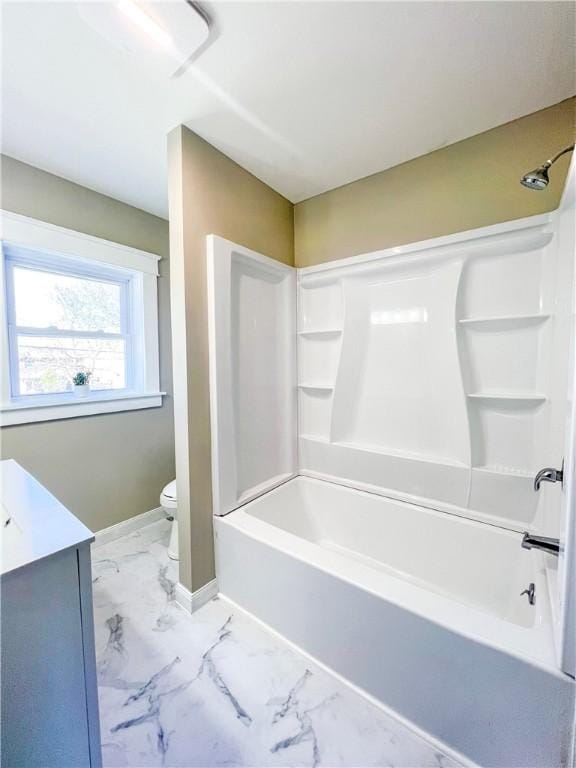 1230 Lake St, Elmira-City, NY 14901 - bathroom featuring vanity, shower / bath combination, toilet, baseboards, and marble finish floor