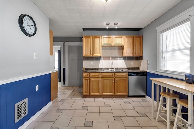 kitchen featuring stainless steel dishwasher, visible vents, wainscoting, a sink, and backsplash