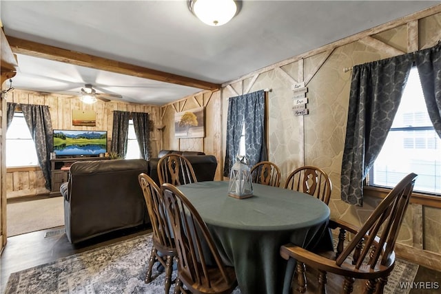 dining room with wooden walls, ceiling fan, a healthy amount of sunlight, and beam ceiling