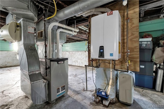 utilities featuring tankless water heater and heating unit