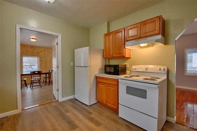 88 Walton St, Alexandria, NY 13607 - kitchen with light countertops, light wood-type flooring, under cabinet range hood, baseboards, and white appliances