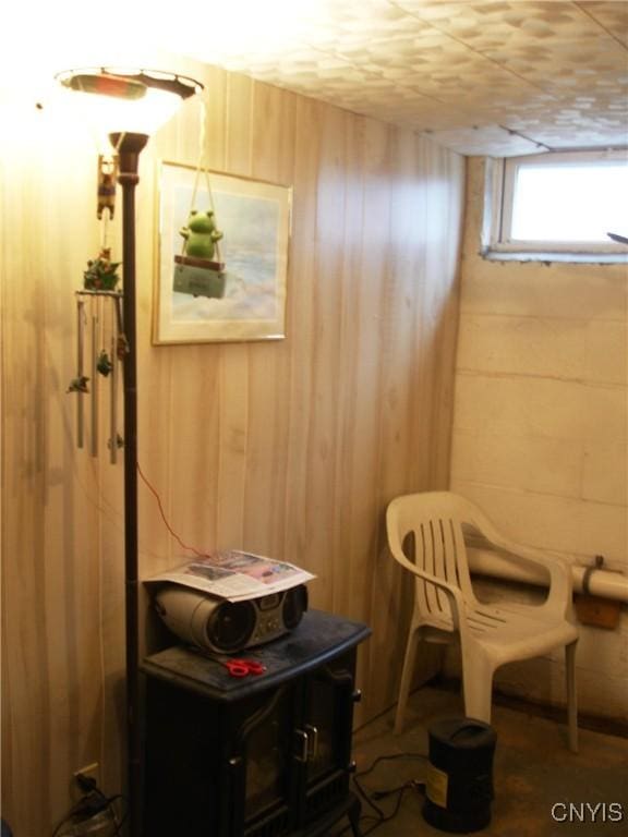 sitting room with wood walls