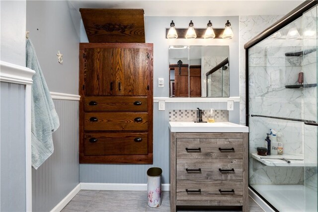 162 Princeton Ave, Corning-City, NY 14830 - bathroom with vanity, a marble finish shower, and wainscoting