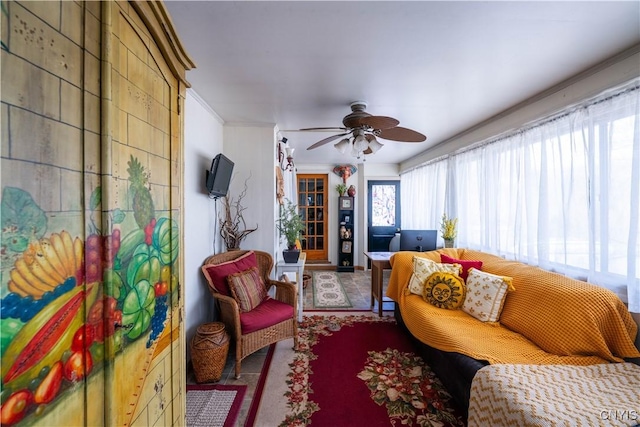 208 Eatonville Rd, Little Falls, NY 13365 - carpeted living room with crown molding and ceiling fan