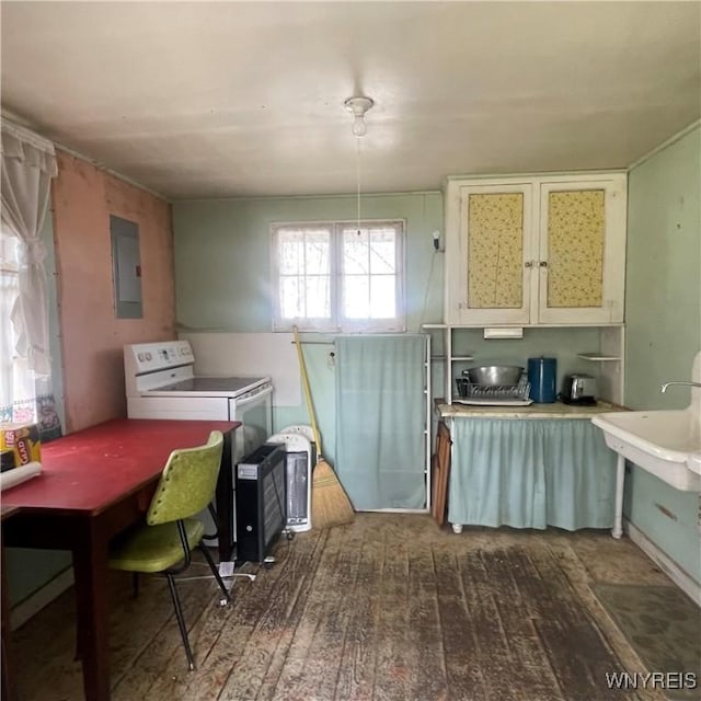6235 SW Shr, Canadice, NY 14471 - kitchen featuring electric panel, wood finished floors, light countertops, and white electric stove