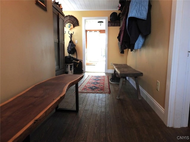 mudroom featuring baseboards and dark wood-style flooring