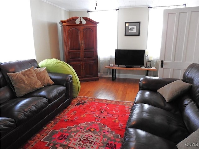 living room featuring wood finished floors and crown molding