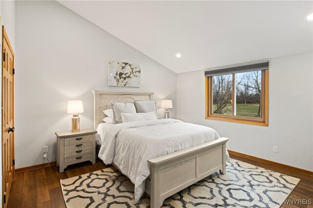 6741 Cole Rd, Orchard Park, NY 14127 - bedroom featuring baseboards, vaulted ceiling, recessed lighting, and dark wood finished floors