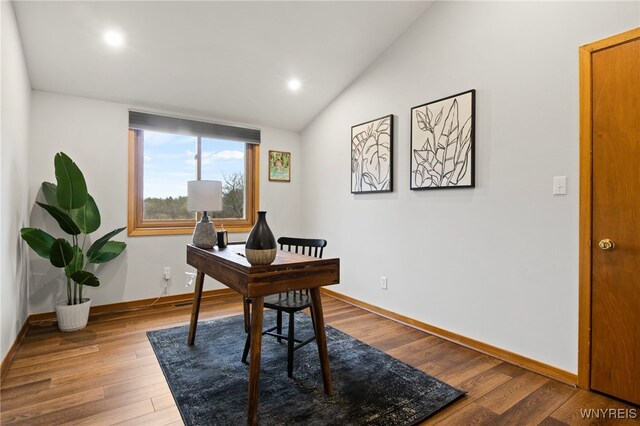 6741 Cole Rd, Orchard Park, NY 14127 - home office with baseboards, lofted ceiling, recessed lighting, and hardwood / wood-style flooring