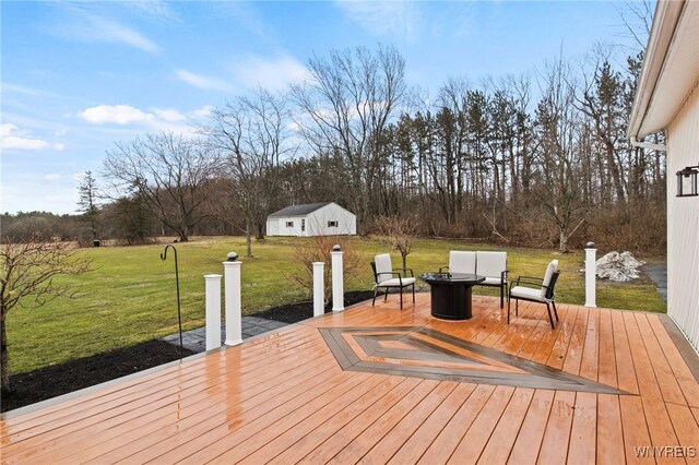 6741 Cole Rd, Orchard Park, NY 14127 - wooden terrace featuring an outdoor structure, a fire pit, and a lawn