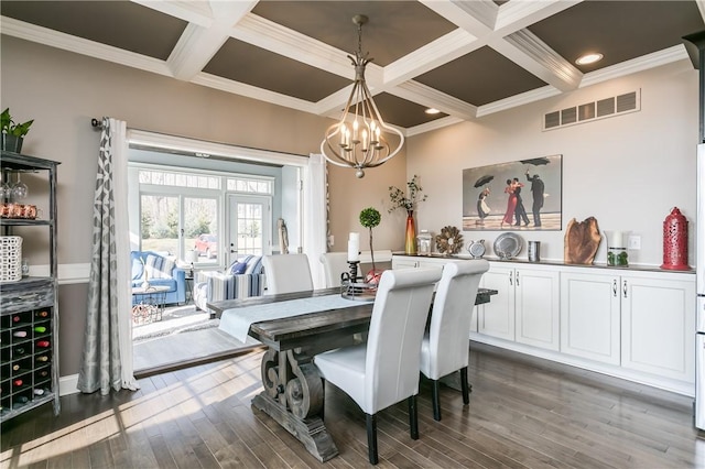 5027 Wyffels Rd, Canandaigua-Town, NY 14424 - dining space with visible vents, coffered ceiling, dark wood-style floors, and an inviting chandelier