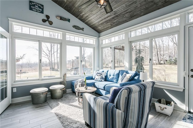 5027 Wyffels Rd, Canandaigua-Town, NY 14424 - sunroom / solarium featuring baseboards, wood ceiling, lofted ceiling, and wood finished floors