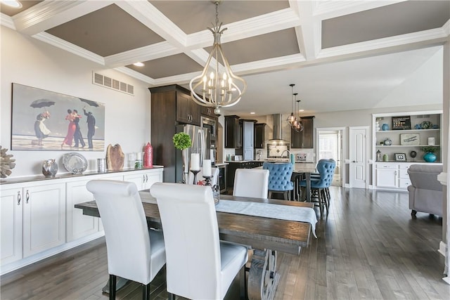 5027 Wyffels Rd, Canandaigua-Town, NY 14424 - dining room with visible vents, coffered ceiling, dark wood-type flooring, and a chandelier