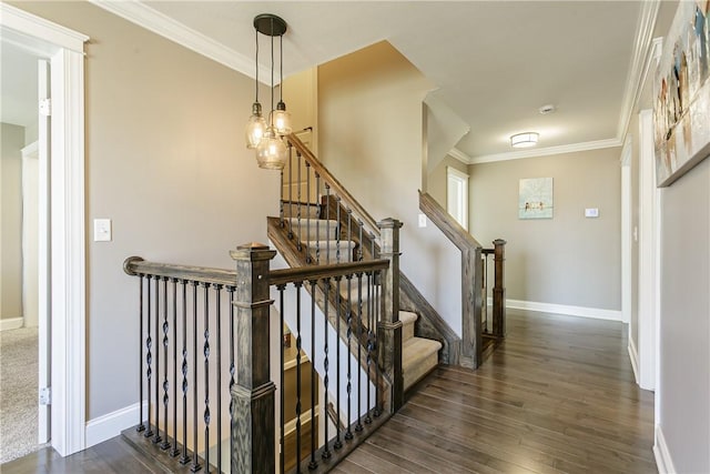 5027 Wyffels Rd, Canandaigua-Town, NY 14424 - staircase featuring crown molding, baseboards, and wood finished floors
