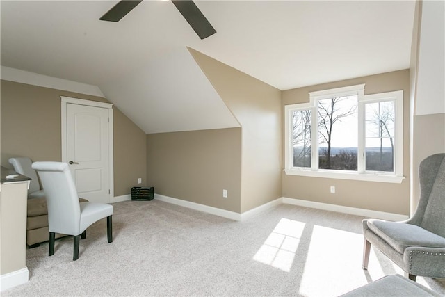 5027 Wyffels Rd, Canandaigua-Town, NY 14424 - living area with baseboards, a ceiling fan, lofted ceiling, and light colored carpet