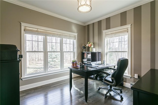 5027 Wyffels Rd, Canandaigua-Town, NY 14424 - office space with baseboards, dark wood-style floors, ornamental molding, and plenty of natural light