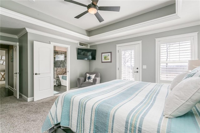 5027 Wyffels Rd, Canandaigua-Town, NY 14424 - bedroom featuring crown molding, baseboards, access to outside, and a raised ceiling