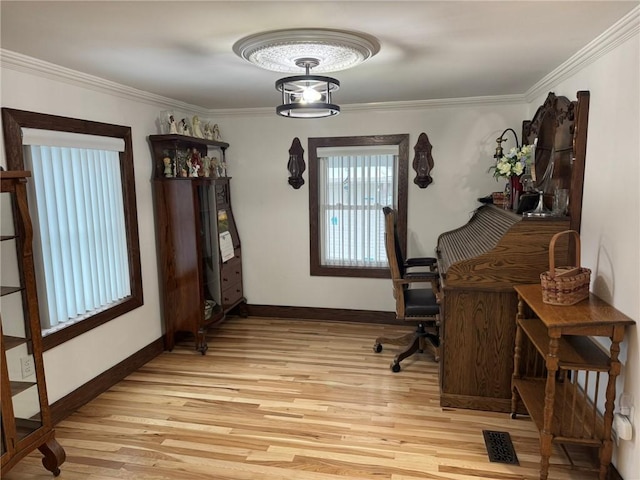 612 Oswegatchie Rd, Palatine, NY 13428 - office with light wood-style floors, baseboards, and crown molding