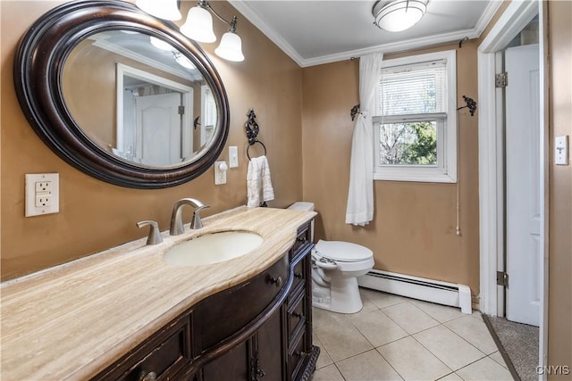 1905 Stump Rd, Skaneateles, NY 13108 - bathroom with crown molding, toilet, vanity, a baseboard radiator, and tile patterned flooring
