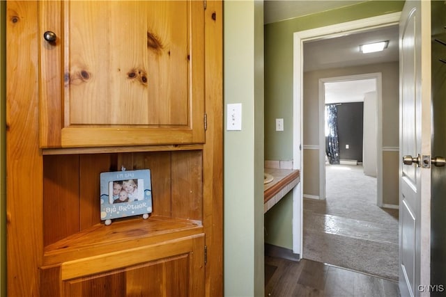 1905 Stump Rd, Skaneateles, NY 13108 - hall with dark wood-style floors, dark colored carpet, and baseboards
