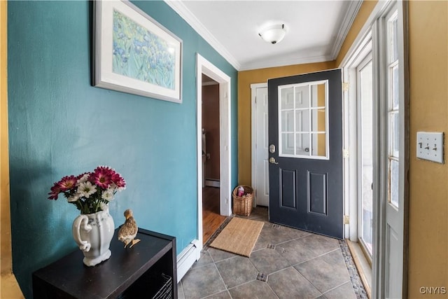 1905 Stump Rd, Skaneateles, NY 13108 - foyer with baseboards, a baseboard radiator, crown molding, and dark tile patterned floors