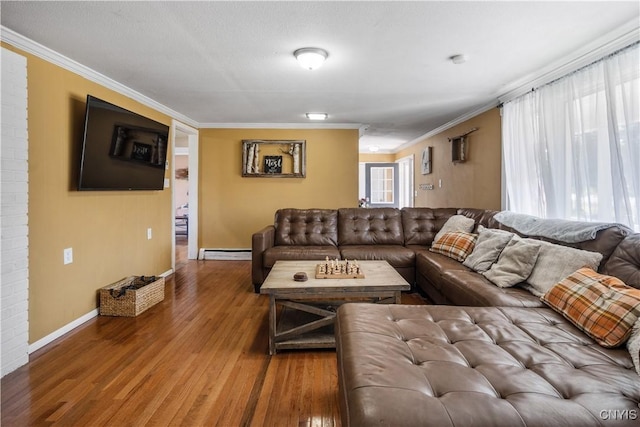 1905 Stump Rd, Skaneateles, NY 13108 - living area featuring baseboards, baseboard heating, crown molding, and wood finished floors