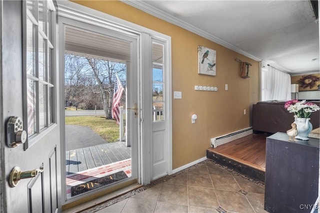 1905 Stump Rd, Skaneateles, NY 13108 - foyer entrance featuring a baseboard radiator, tile patterned flooring, ornamental molding, and baseboards
