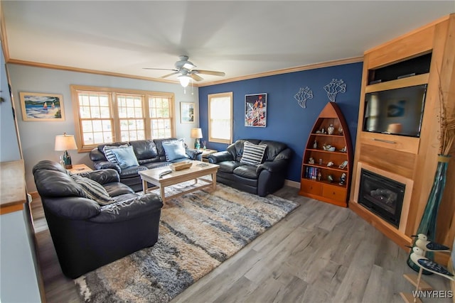 living room with ceiling fan, wood finished floors, and crown molding