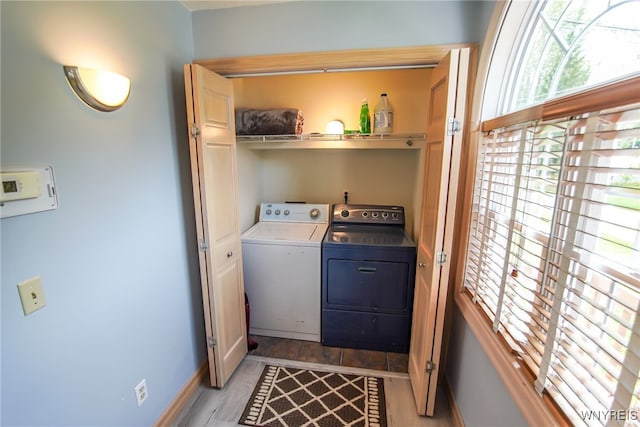 laundry room with baseboards, laundry area, and separate washer and dryer