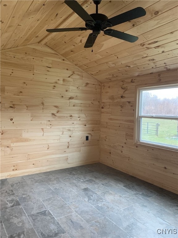 376 State Route 34, Hannibal, NY 13074 - empty room with a ceiling fan, wood ceiling, wooden walls, and vaulted ceiling