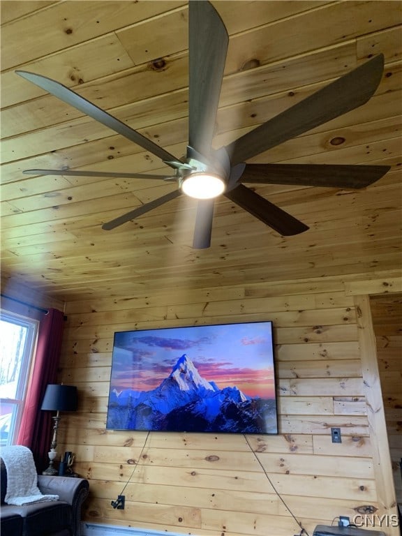 376 State Route 34, Hannibal, NY 13074 - interior details featuring a ceiling fan, wooden ceiling, and wood walls