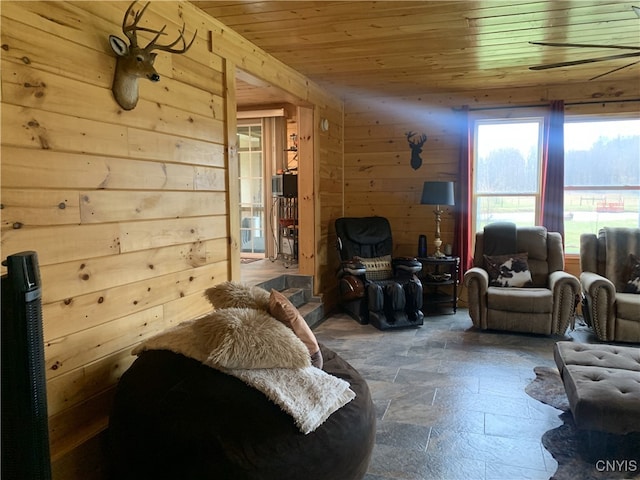 376 State Route 34, Hannibal, NY 13074 - living room featuring wood ceiling, stone finish floor, and wood walls